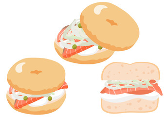 サーモンとクリームチーズを挟んだベーグルサンドイッチ、半分にカットしたものと上のパンを少しずらして具を見せたもののセット