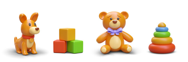 Set of realistic children toys. Multicolored pyramid, cubes, bear, dog. Isolated image on white background. Collection of cute vector illustrations. Icons for web design