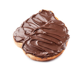 Toasts with chocolate paste on white backgrounds.