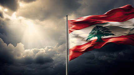 Dramatic skies behind the billowing Lebanon flag
