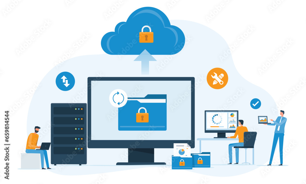Aufkleber business technology cloud server security. online storage backup. with administrator and developer team management  data upload on cloud storage concept. flat vector illustration design.
