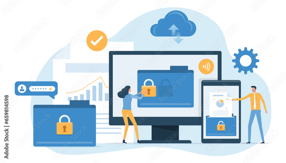 Leinwandbilder business technology cloud server security. online storage backup. with administrator and developer team management  data upload on cloud storage concept. flat vector illustration design.
