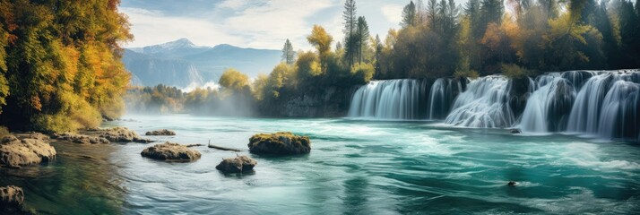 River waterfall in autumn forest with mountains