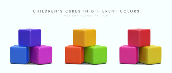 3d cubes for children in different colors. Advertising poster for toy store. Building blocks for kids. Vector illustration in red, blue and yellow colors - obrazy, fototapety, plakaty
