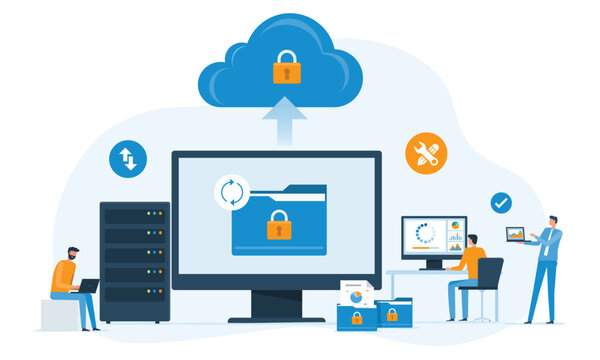 business technology cloud server security. online storage backup. with administrator and developer team management  data upload on cloud storage concept. flat vector illustration design.
