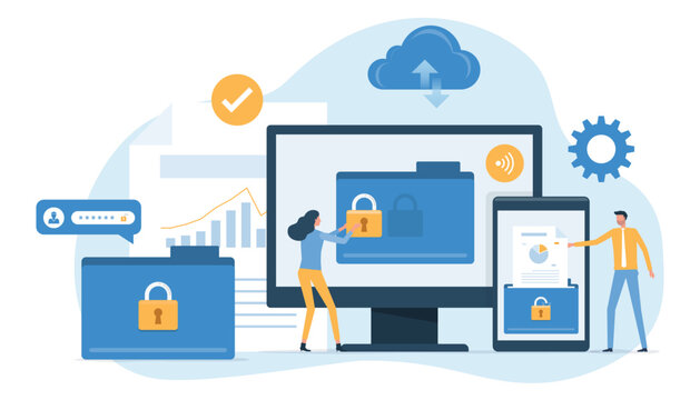 business technology cloud server security. online storage backup. with administrator and developer team management  data upload on cloud storage concept. flat vector illustration design.
