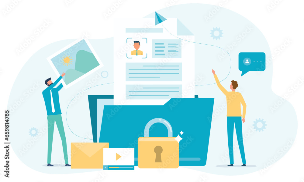 Poster business file database security. online cloud backup storage. personal data information document protection management. with administrator and developer team working concept. flat vector illustration 