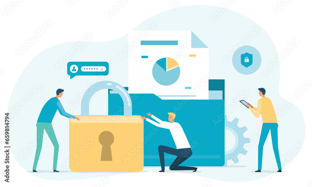 Poster business file database security. online cloud backup storage. personal data information document protection management. with administrator and developer team working concept. flat vector illustration 