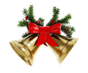 Golden Christmas bells, red ribbon and pine tree branches isolated on transparent background. 3D illustration