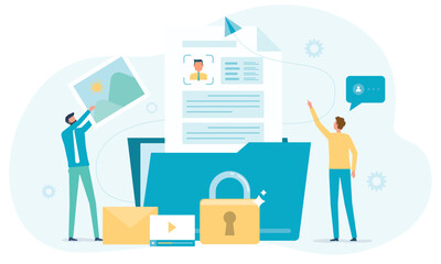 business file database security. online cloud backup storage. personal data information document protection management. with administrator and developer team working concept. flat vector illustration 