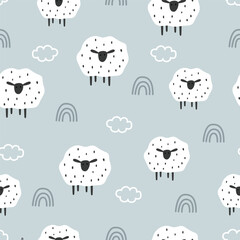 Sheep with rainbow in the sky seamless pattern. animal cartoon background Hand drawn design in children's style. For wallpaper, textiles, children's clothing designs