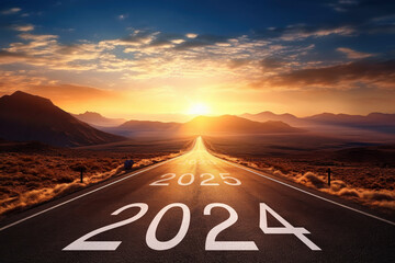 2024 written on country highways road with mountain over beautiful sun rising sky, Happy new year 2024, Start up, Future vision and Goal concept