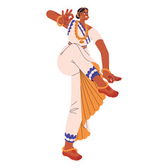 Oriental woman dancing traditional indian dance. Dancer perform in national costume. Performer standing in kuchipudi pose, show asian customs. Flat isolated vector illustration on white background
