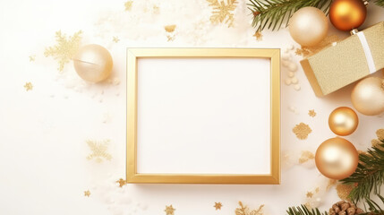 Fototapeta na wymiar New Year banner background with Christmas gift boxes and golden decorations, golden ball, top view