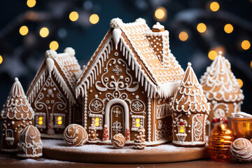 Fototapeta premium Christmas Gingerbread house on the background of golden festive bokeh.Christmas baking.Holiday mood.