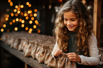 Happy cute girl searching for candy and gifts in advent calendar on during the winter Christmas...