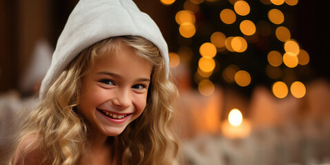 Portrait of a happy cute girl in a santa hat against a Christmas bokeh background. The concept of winter holidays, gifts for children. Banner