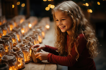 Happy cute girl searching for candy and gifts in advent calendar on during the winter Christmas...