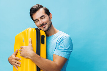 Background man travel suitcase trip baggage traveler studio happy journey vacation flight