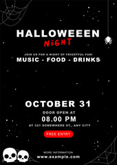 Blood Romance Halloween Poster Layout Template : Announce your Halloween event with this poster template for notices, and flyers. 'Blood Romance Halloween Night' theme, featuring a skull and cobwebs.