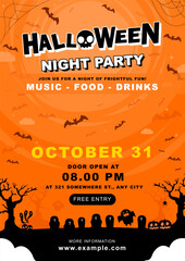 Colony of Bats in Halloween Night Poster Layout Template : Announce your Halloween celebration poster template. A silhouette of spirits, and colony of bats grace the night sky over the dark graveyard.