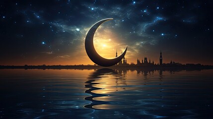 Islam crescent star in the night sky, reflected in the sea water