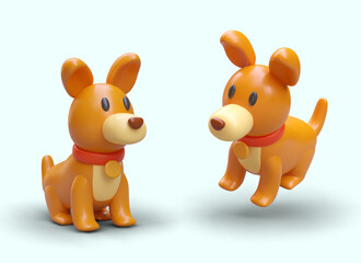 3D brown dog, view from different angles. Children colored toy. Domestic puppy with red collar. Set of isolated vector illustrations in plasticine style. Web design