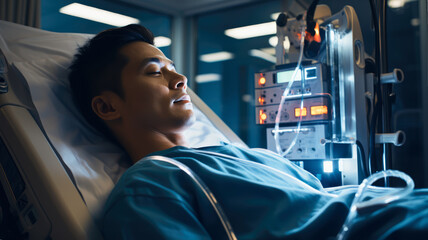 Sick Male Patient Sleeps on the Bed In the Hospital. Patient in coma connected to an intensive life care machine. Generative Ai