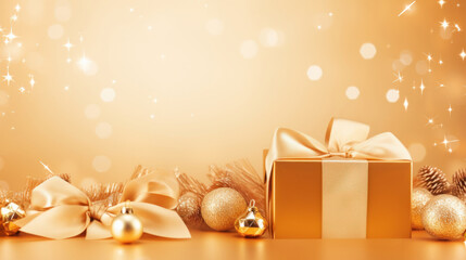 New Year banner background with Christmas gift boxes and golden decorations, golden ball, top view