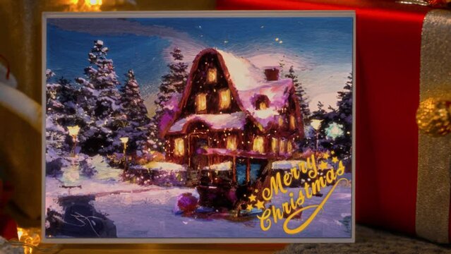 Magical Animated Christmas Holiday Card or Art Painting with a Cozy House, Styled with Festive Decorations for Winter Holidays. Santa Claus Home in a Forest with Lots of Snow and a Sledge with Gifts