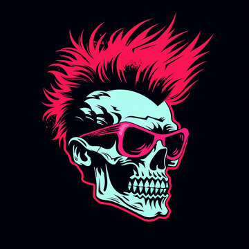 Skeleton skull with punk mohawk hair