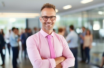 Obraz premium Leading with vision, a successful businessman stands proudly with his team of efficient office associates