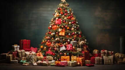 Obraz premium Decorated Christmas tree background. Merry Christmas and Happy new year Concept. (Copy Space)