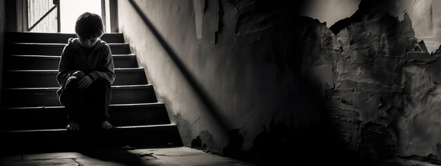 Fototapeta premium A black and white image of a young child sitting alone on a worn wooden staircase, looking down with a pained expression