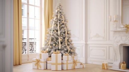 Decorated Christmas tree in living room background. Merry Christmas and Happy new year Concept. (Copy Space)