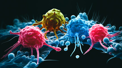 a microscopic view of gastric cancer cells in various stages of progression, showcasing PRMT1 protein expression levels highlighted in vibrant colors