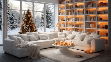Decorated Christmas tree in living room background. Merry Christmas and Happy new year Concept. (Copy Space)