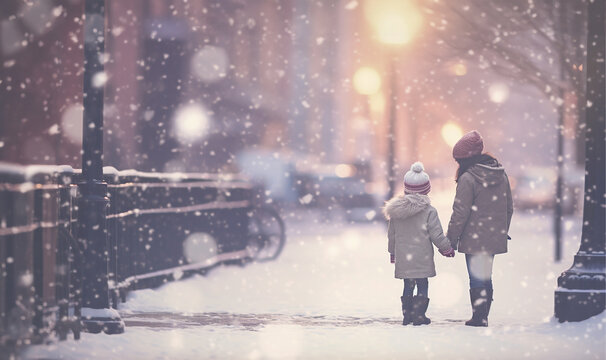 Happy family. two children walking together in the snow. Magical snow fall Frost winter season. Winter landscape with copy space