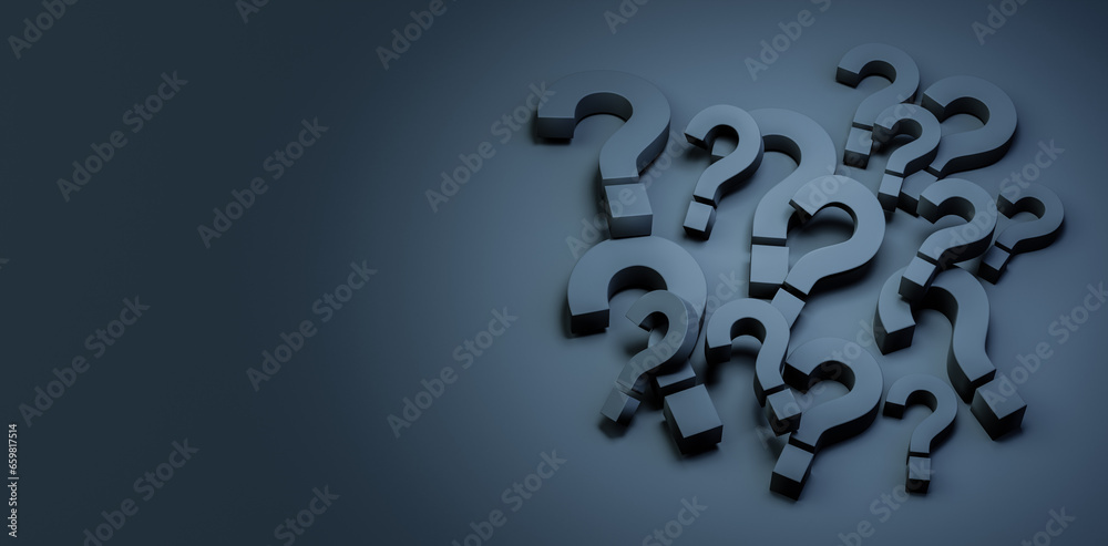 Fototapete Problem, solution, confusion counseling. Pile of black question mark symbols on dark background. Large pile of black question mark symbols. 3D rendering
