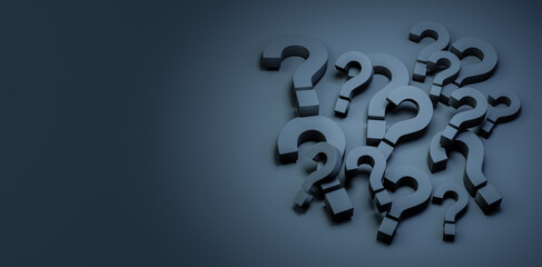 Problem, solution, confusion counseling. Pile of black question mark symbols on dark background....