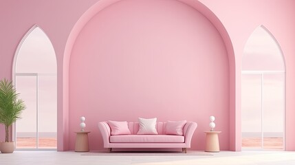 Fototapeta na wymiar Living room and pink pastel arch wall texture background Decoration