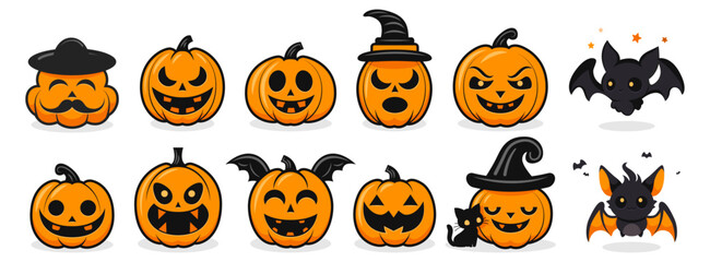 Set of halloween pumpkins, funny and scary faces. Vector symbols set