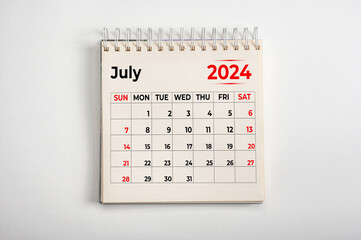 July 2024. One page of annual business monthly calendar on white background. reminder, business...