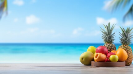 Wooden Table with Colorful Tropical Fruits in Blurred Background