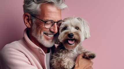 A smiling senior man and his dog pose in a studio with a soft background.