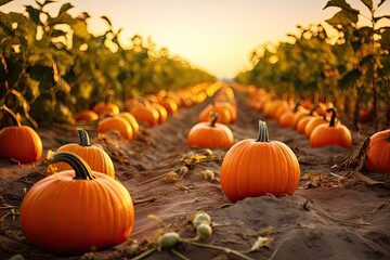 Naklejka na ściany i meble Ripe pumpkins in a patch in the autumn