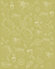 pattern of whole and sliced ​​lemons with white lines and dark yellow background in vector