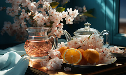 a jug of tea and an orange