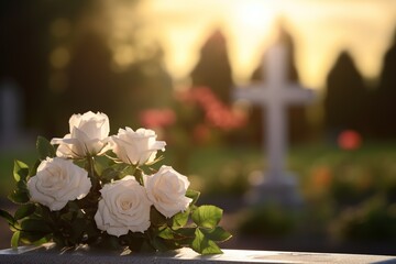 Obraz na płótnie Canvas white flowers in front of a gravestone at a cemetery with sunset.Funeral Concept