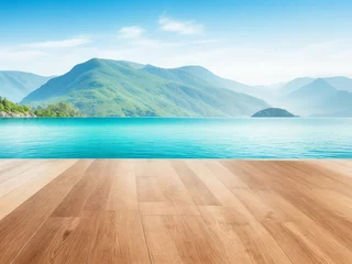 Gordijnen Empty wooden floor for product display montages with sea and mountain background © PhotoPhreak